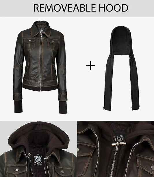 Tralee Women Dark Brown Bomber Leather Jacket With Removable Hood