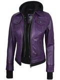 Women's Purple Leather Jacket with Removable Hood