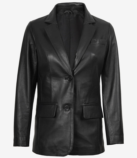 Womens Two Button Notch Lapel Black Leather Blazer Jacket