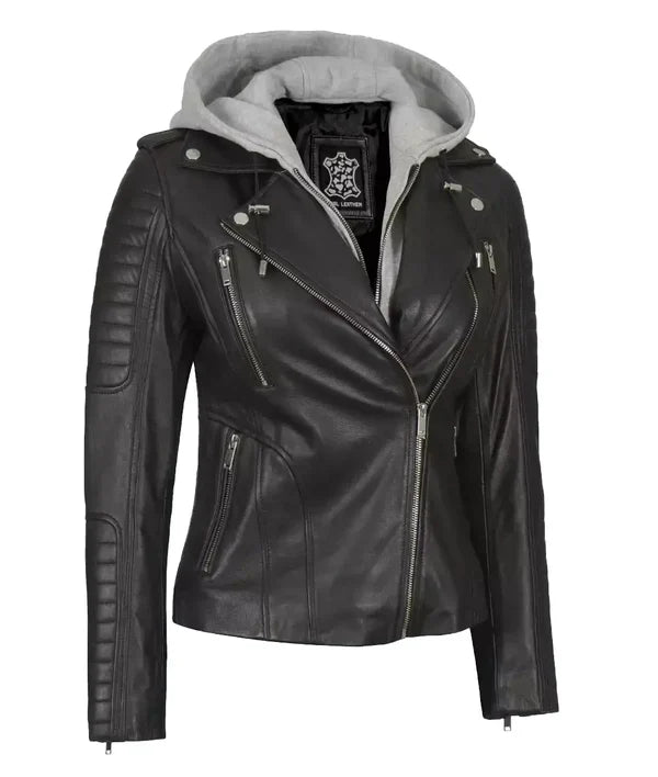 Womens Black Leather Biker Style Jacket With Removable Hood