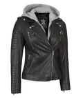 Womens Black Leather Biker Style Jacket With Removable Hood