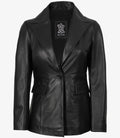 Womens Single Button Black Leather Blazer - Peak Lapel