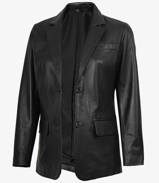 Womens Two Button Notch Lapel Black Leather Blazer Jacket